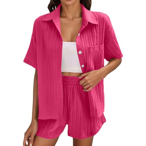 Generisch Musselin Bluse Damen Sommer Leicht Und Luftig Zweiteiler Button Down Elegant Bluse Und Shorts Aesthetic Lounge Set Casual Kurze Ärme 2 Teilige Kleidung von Generisch