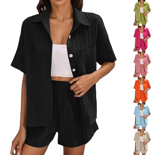 Generisch Musselin Bluse Damen Sommer Leicht Und Luftig Zweiteiler Button Down Elegant Bluse Und Shorts Aesthetic Lounge Set Casual Kurze Ärme 2 Teilige Kleidung von Generisch