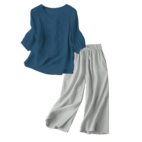 Generisch Musselin Bluse Damen Zweiteiler Sommer 3/4 Ärmel Top und Capri Hosen Einzeln Wählbar 2 Teilige Kleidung Kombination Hose Baumwolle Entspannte Set Oversized Sommerbluse von Generisch