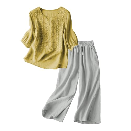 Generisch Musselin Bluse Damen Zweiteiler Sommer 3/4 Ärmel Top und Capri Hosen Einzeln Wählbar 2 Teilige Kleidung Kombination Hose Baumwolle Entspannte Set Oversized Sommerbluse von Generisch