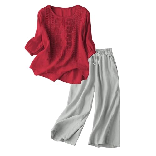 Generisch Musselin Bluse Damen Zweiteiler Sommer 3/4 Ärmel Top und Capri Hosen Einzeln Wählbar 2 Teilige Kleidung Kombination Hose Baumwolle Entspannte Set Oversized Sommerbluse von Generisch