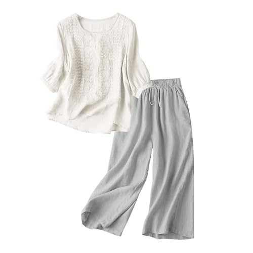Generisch Musselin Bluse Damen Zweiteiler Sommer 3/4 Ärmel Top und Capri Hosen Einzeln Wählbar 2 Teilige Kleidung Kombination Hose Baumwolle Entspannte Set Oversized Sommerbluse von Generisch