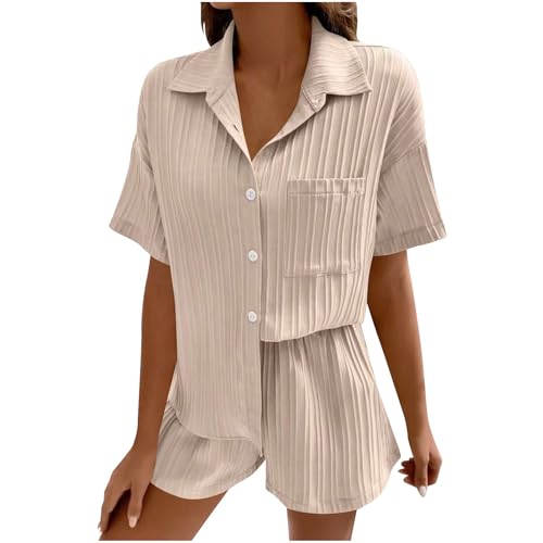 Generisch Musselin Bluse Damen Zweiteiler Sommer Elegant Bluse Und Shorts Y2K Aesthetic Lounge Set Baumwolle Sportanzug Mit Elastischer Taille Oversize Freizeitanzug Langarm Hausanzug Loungewear von Generisch