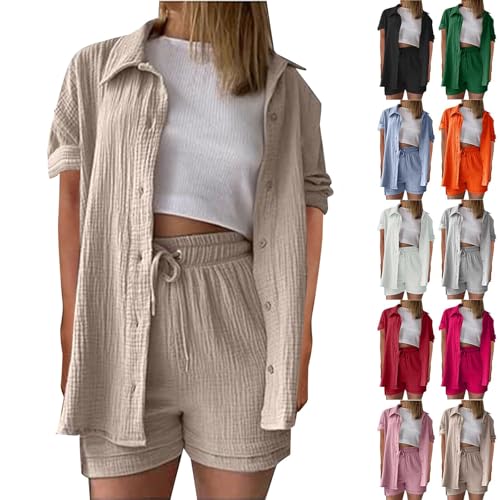 Generisch Musselin Bluse Damen Zweiteiler Sommer Elegant Top und Hose Einzeln Wählbar 2 Teilige Slimfit Kleidung Shorts Kombination Kurze Einfarbig Hose Entspannte Set von Generisch