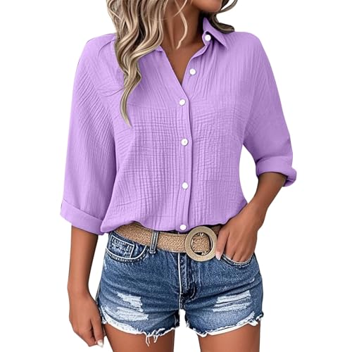 Generisch Musselin Bluse Oversized Elegant Langarm Lässig Leinenbluse Baumwolle V-Ausschnitt Blusen & Tuniken Für Damen Button-Down Leinenhemd Leicht Bequeme Sommershirts Musselin Bluse Damen von Generisch