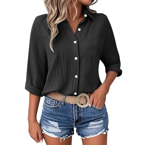 Generisch Musselin Bluse Oversized Elegant Langarm Lässig Leinenbluse Baumwolle V-Ausschnitt Blusen & Tuniken Für Damen Button-Down Leinenhemd Leicht Bequeme Sommershirts Musselin Bluse Damen von Generisch