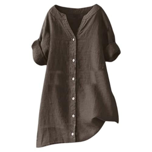 Generisch Musselin Bluse für Damen Button Down Sommer Elegant Hemd Tuniken T-Shirts Oberteile Kurzarm Leinenbluse Damen Longbluse Oversized Hemdbluse für Leggings Lässig von Generisch