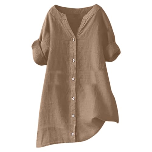 Generisch Musselin Bluse für Damen Button Down Sommer Elegant Hemd Tuniken T-Shirts Oberteile Kurzarm Leinenbluse Damen Longbluse Oversized Hemdbluse für Leggings Lässig von Generisch