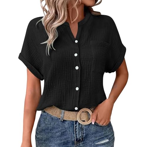 Generisch Musselin Hemd Bluse für Damen Elegant Tuniken Sommer Oberteile Kurzarm Leinenbluse Longbluse Oversized Hemdbluse Lässig Leggings Leinen Tshirt Hemd Leinenhemd Leinenbluse Damen Extra von Generisch