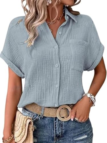 Generisch Musselin Hemd Bluse für Damen Elegant Tuniken Sommer Oberteile Kurzarm Leinenbluse Longbluse Oversized Hemdbluse Lässig für Leggings (Grau,XXL) von Generisch