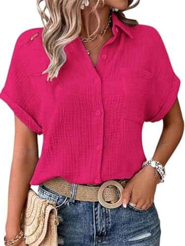 Generisch Musselin Hemd Bluse für Damen Elegant Tuniken Sommer Oberteile Kurzarm Leinenbluse Longbluse Oversized Hemdbluse Lässig für Leggings (Rot,XXL) von Generisch