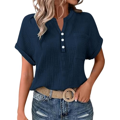 Generisch Musselin Hemd Bluse für Damen Elegant Tuniken Sommer Oberteile Kurzarm Leinenbluse Longbluse Oversized Hemdbluse Lässig für LeggingsUrlaub/Alltag von Generisch