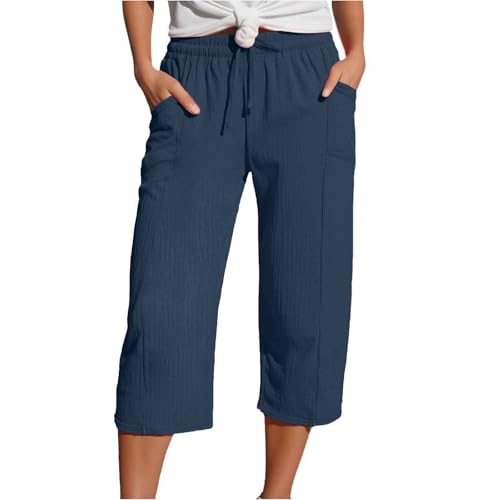 Generisch Musselin Hose Damen 3/4 Sommer Leinenhose mit Elastischem Bund & Taschen Leichte Strandhose Caprihose Kurzgrößen S-5XL von Generisch