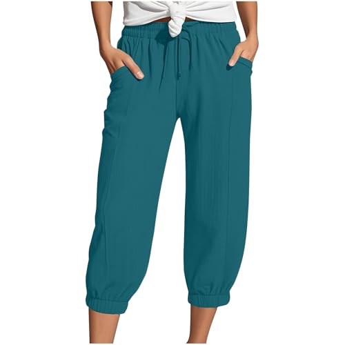 Generisch Musselin Hose Damen 3/4 Sommerhose 2025 High Waist Leichte Stoffhose Atmungsaktives Schnell Trocknend Strandhose Stretch Einfarbig Gerades Bein Caprihose Mit Kordelzug Und Taschen von Generisch