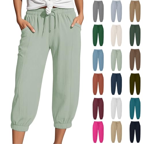 Generisch Musselin Hose Damen 3/4 Sommerhose 2025 High Waist Leichte Stoffhose Atmungsaktives Schnell Trocknend Strandhose Stretch Einfarbig Gerades Bein Caprihose Mit Kordelzug Und Taschen von Generisch