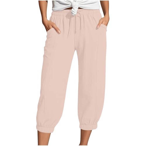 Generisch Musselin Hose Damen 3/4 Sommerhose 2025 High Waist Leichte Stoffhose Atmungsaktives Schnell Trocknend Strandhose Stretch Einfarbig Gerades Bein Caprihose Mit Kordelzug Und Taschen von Generisch