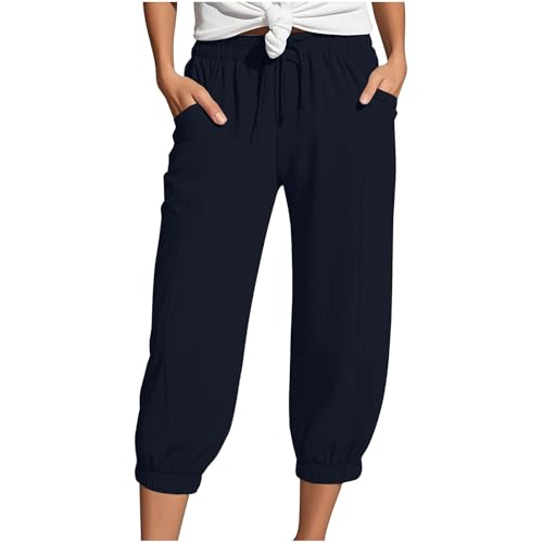 Generisch Musselin Hose Damen 3/4 Sommerhose 2025 High Waist Leichte Stoffhose Atmungsaktives Schnell Trocknend Strandhose Stretch Einfarbig Gerades Bein Caprihose Mit Kordelzug Und Taschen von Generisch
