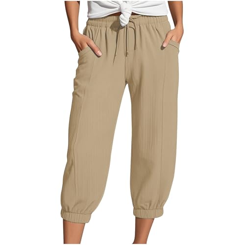 Generisch Musselin Hose Damen 3/4 Sommerhose 2025 High Waist Leichte Stoffhose Atmungsaktives Schnell Trocknend Strandhose Stretch Einfarbig Gerades Bein Caprihose Mit Kordelzug Und Taschen von Generisch