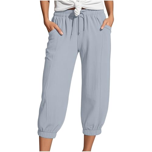 Generisch Musselin Hose Damen 3/4 Sommerhose 2025 High Waist Leichte Stoffhose Atmungsaktives Schnell Trocknend Strandhose Stretch Einfarbig Gerades Bein Caprihose Mit Kordelzug Und Taschen von Generisch