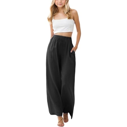Generisch Musselin Hose Kinder Baumwolle high Waist Leinenhose Stoffhose Leicht Luftig Weites Bein Strandhose yogahose Casual Bequeme Leinen Freizeithose mit Taschen Sommerhose Für Mädchen von Generisch