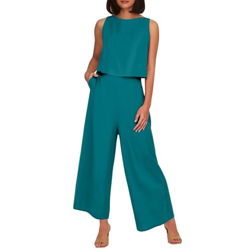 Generisch Musselin Hosenanzug Damen Sommer Zweiteiler Tank Top und Hose 2 Teiler Elegant Hosenanzüge Baumwolle Leinen Jogginganzug Elegant Outfit Business Casual Anzug Leicht Luftig Freizeitanzug von Generisch
