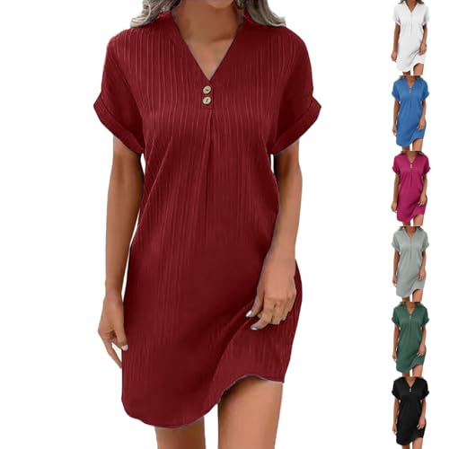 Generisch Musselin Kleid Damen, Falten Sommerkleider Leicht Und Luftig Große Größen Strandkleider Blusenkleid Locker Midikleid Pulloverkleid V-Ausschnitt Freizeitkleid Knopf Dresses von Generisch