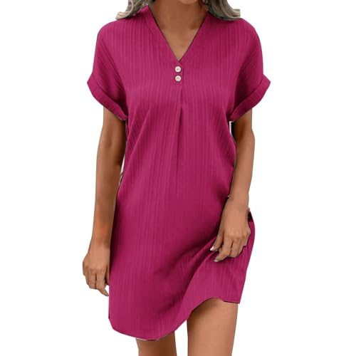 Generisch Musselin Kleid Damen, Falten Sommerkleider Leicht Und Luftig Große Größen Strandkleider Blusenkleid Locker Midikleid Pulloverkleid V-Ausschnitt Freizeitkleid Knopf Dresses von Generisch