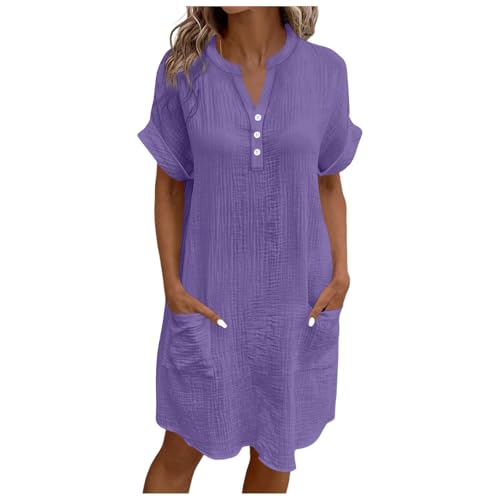 Generisch Musselin Kleid Damen Falten Leinen Kleider Kurzarm Midikleid Mit Taschen Luftige Freizeitkleid Knielang Einfarbig Sommerkleid Knopfleiste Casual Strandkleid Komfortabel Boho Blusenkleid von Generisch