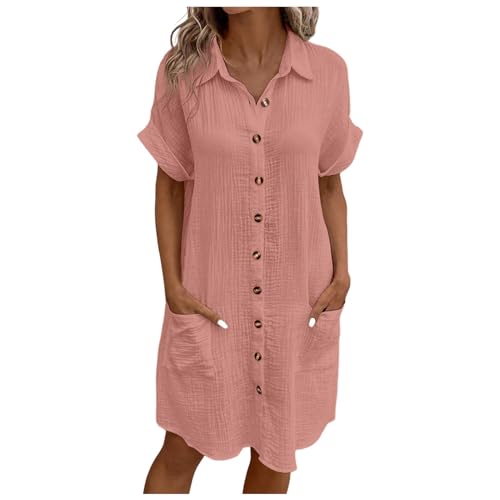 Generisch Musselin Kleid Damen Falten Leinen Kleider V-Ausschnitt Freizeit Kleid mit Taschen Luftige Sommerkleid Long Knopfleiste Knielang Strandkleid Einfarbig Komfortabel Boho Blusenkleid (M) von Generisch