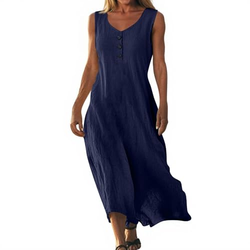 Generisch Musselin Kleid Damen Leinenkleid Sommerkleid Midi Schicke Sommerkleider Maxikleid Leinenkleider Musselin Kleider Damen Sommer leichtes langes Sommerkleid Maxi midikleid AOC103 von Generisch