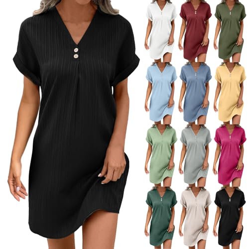 Generisch Musselin Kleid Damen V-Ausschnitt Sommerkleid Sommer Kurzarm Strandkleid Leicht Und Luftig Leinenkleid Luftige Tunika Kleid Mit Knöpfen Boho Kleider Sommerkleider Freizeitkleid von Generisch