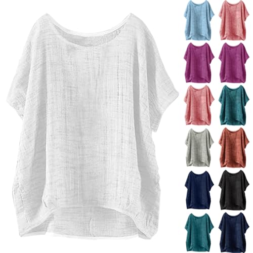 Generisch Musselin Leinen Bluse Damen Kurzarm Sommerbluse Mode Oversized Elegant V-Ausschnitt Tshirts GroßE GrößEn Leichte Hawaii Hemd LäSsige Basic Baggy Bluse Top (AA-White, S) von Generisch