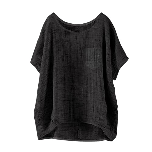 Generisch Musselin Leinen Bluse Damen Kurzarm Sommerbluse Mode Oversized Elegant V-Ausschnitt Tshirts GroßE GrößEn Leichte Hawaii Hemd LäSsige Basic Baggy Bluse Top (AB-Black, XXXXL) von Generisch