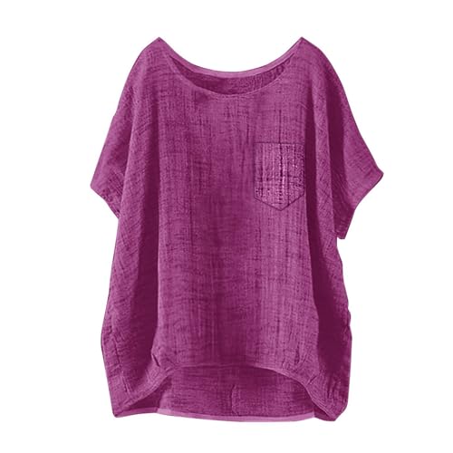 Generisch Musselin Leinen Bluse Damen Kurzarm Sommerbluse Mode Oversized Elegant V-Ausschnitt Tshirts GroßE GrößEn Leichte Hawaii Hemd LäSsige Basic Baggy Bluse Top (AB-Purple, XXXXXL) von Generisch