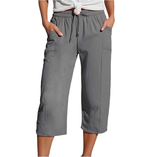 Generisch Musselin Set Damen, Leinenhose Damen Sommer 3/4 Musselin Hose Leicht Leinen Sommerhose Mit Taschen Causal Locker Caprihose Elastische Bequeme Stoffhose Sport Freizeit Strandhose, Grau XL von Generisch