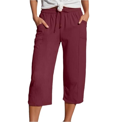 Generisch Musselin Set Damen, Leinenhose Damen Sommer 3/4 Musselin Hose Leicht Leinen Sommerhose Mit Taschen Causal Locker Caprihose Elastische Bequeme Stoffhose Sport Freizeit Strandhose, Rot M von Generisch
