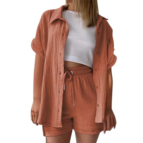 Generisch Musselin Set Damen,Zweiteiler Damen Sommer Musselinbluse und Shorts Kurzarm Freizeitanzug Baumwolle Leinen Sportanzug Entspannte Oversized Casual Sets 2 Teiler Outfits von Generisch