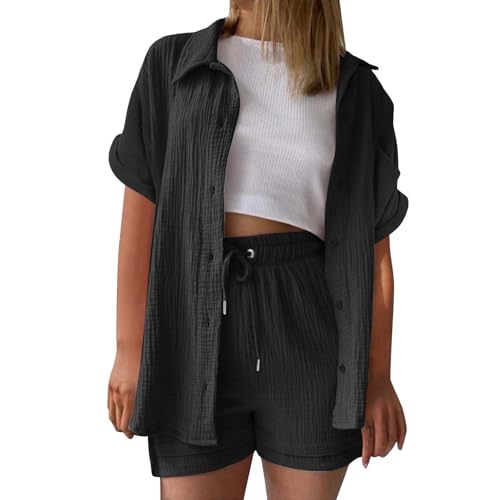 Generisch Musselin Set Damen,Zweiteiler Damen Sommer Musselinbluse und Shorts Kurzarm Freizeitanzug Baumwolle Leinen Sportanzug Entspannte Oversized Casual Sets 2 Teiler Outfits von Generisch