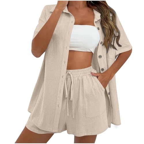 Generisch Musselin Set Damen Sommer Zweiteiler Elegant Aesthetic Musselin Bluse Shorts Y2K Lounge Set Baumwolle Sportanzug Oversize Freizeitanzug Langarm Hausanzug Outfit Zweiteiler Musselin Bluse von Generisch
