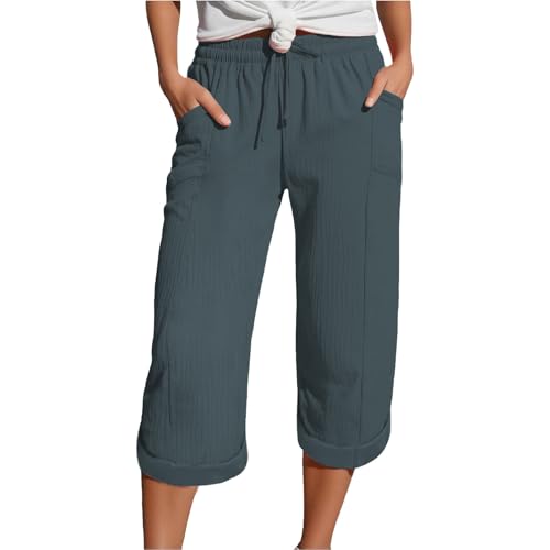 Generisch Musselin Shorts Damen,Leinenhose Damen Sommer 7/8 Musselin Hose Leicht Leinen Sommerhose Mit Taschen Causal Locker Caprihose Elastische Bequeme Stoffhose Sport Freizeit Strandhose von Generisch