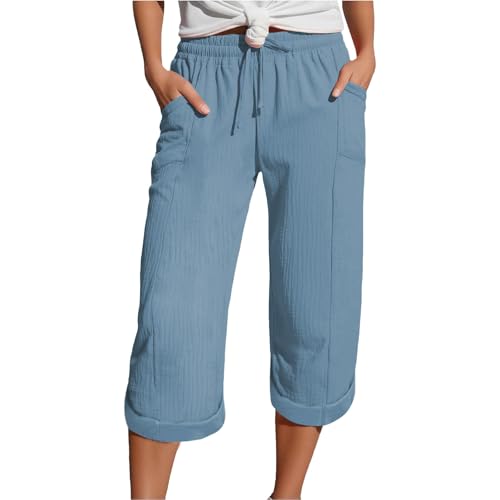 Generisch Musselin Shorts Damen,Leinenhose Damen Sommer 7/8 Musselin Hose Leicht Leinen Sommerhose Mit Taschen Causal Locker Caprihose Elastische Bequeme Stoffhose Sport Freizeit Strandhose von Generisch