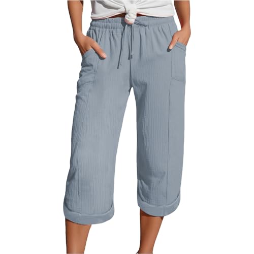 Generisch Musselin Shorts Damen,Leinenhose Damen Sommer 7/8 Musselin Hose Leicht Leinen Sommerhose Mit Taschen Causal Locker Caprihose Elastische Bequeme Stoffhose Sport Freizeit Strandhose von Generisch