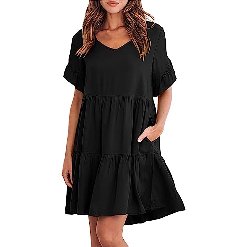 Generisch Musselinkleid Damen Sommer Tunikakleid, Sommerkleid Damen Baumwolle Knielang Kurzarm Strandkleid - Leicht Blusenkleid Luftig Sommer Kleider Elegant Tunikakleid von Generisch