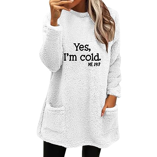 Generisch Must Haves Festival Pullover Damen Lang Teddy Fleece Flauschig Pulli Weich Winter Warm Sweatshirt Langarm Fleecepulli Plüsch Tops Oberteile Mit Taschen Warehouse Deal von Generisch