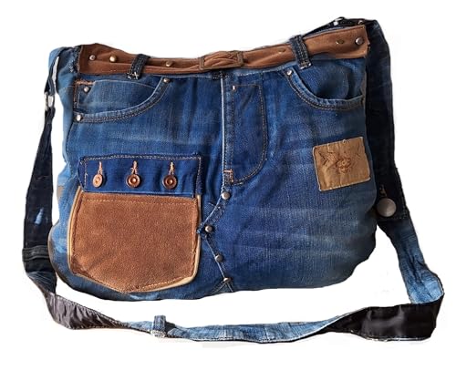 Generisch NEW! 2024! Unikat Handmade Jeans Handtasche Denim Boho Upcycling Damen Jeans Handtasche Unikat Recycle Woman Bag Einzelstück Umhänge handgenähte Tasche Bohemian von Generisch