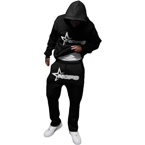 Generisch NOFS Herren Trainingsanzug Buchstaben Druck Lose Hoodies und Jogginghosen Hip Hop Streetwear Unisex Frauen Pullover Lässig Oberteile und Sporthosen 2 Stück Anzug Y2K (Black, L) von Generisch