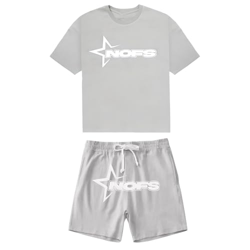 NOFS Trainingsanzug Herren Trainingsanzug Jogginganzug Herren Sommer Sportanzug 2 Teiliges Outfit Sport Set Kurzarm T-Shirts + Kurze Hose Sets Freizeitanzug Hip Hop Streetwear (S11-Grey, L) von Generisch