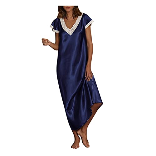 Generisch Nachthemd Damen Lange Satin Nachtkleid Damen Lang Nachtwäsche V-Ausschnitt Schlafshirt Kurzarm Unterkleid Große Größen Negligee Nachtwäsche Sleepwear Seiden Nachtwäsche Satin-Sleepshirt von Generisch