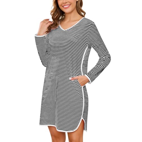 Generisch Nachthemd Damen Langarm Baumwolle V-Ausschnitt Streifen Nachthemden Sleepshirt Knielang Nachtwäsche von Generisch