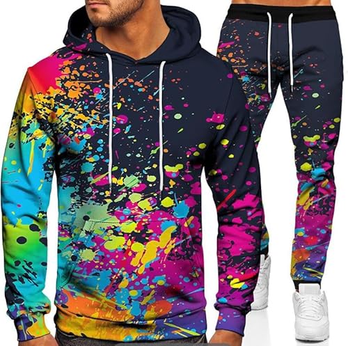 Neon Hoodie Set 3D-Druck Pullover Jogginghose Trainingsanzug Hausanzug Joggingsuit Nicht Verblassen Oder Verformen (DE/NL/SE/PL, Alphanumerisch, L, Regular, Regular, dunkelblau) von Generisch